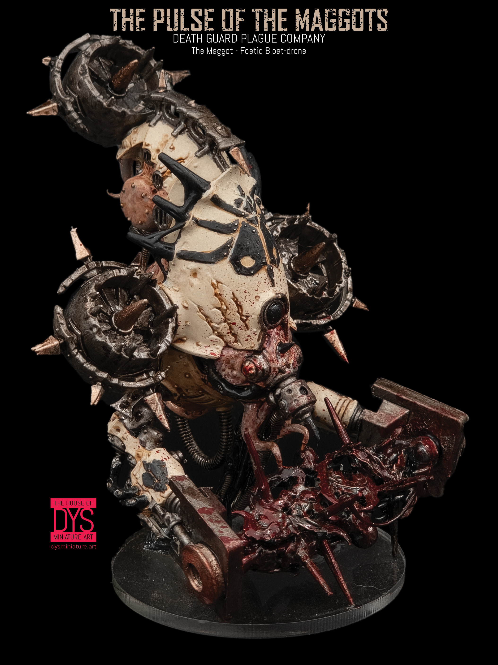 Close-up of the Warhammer 40k Death Guard Foetid Bloat-drone 'The Maggot,' featuring the intricate blend of organic decay and mechanical components.