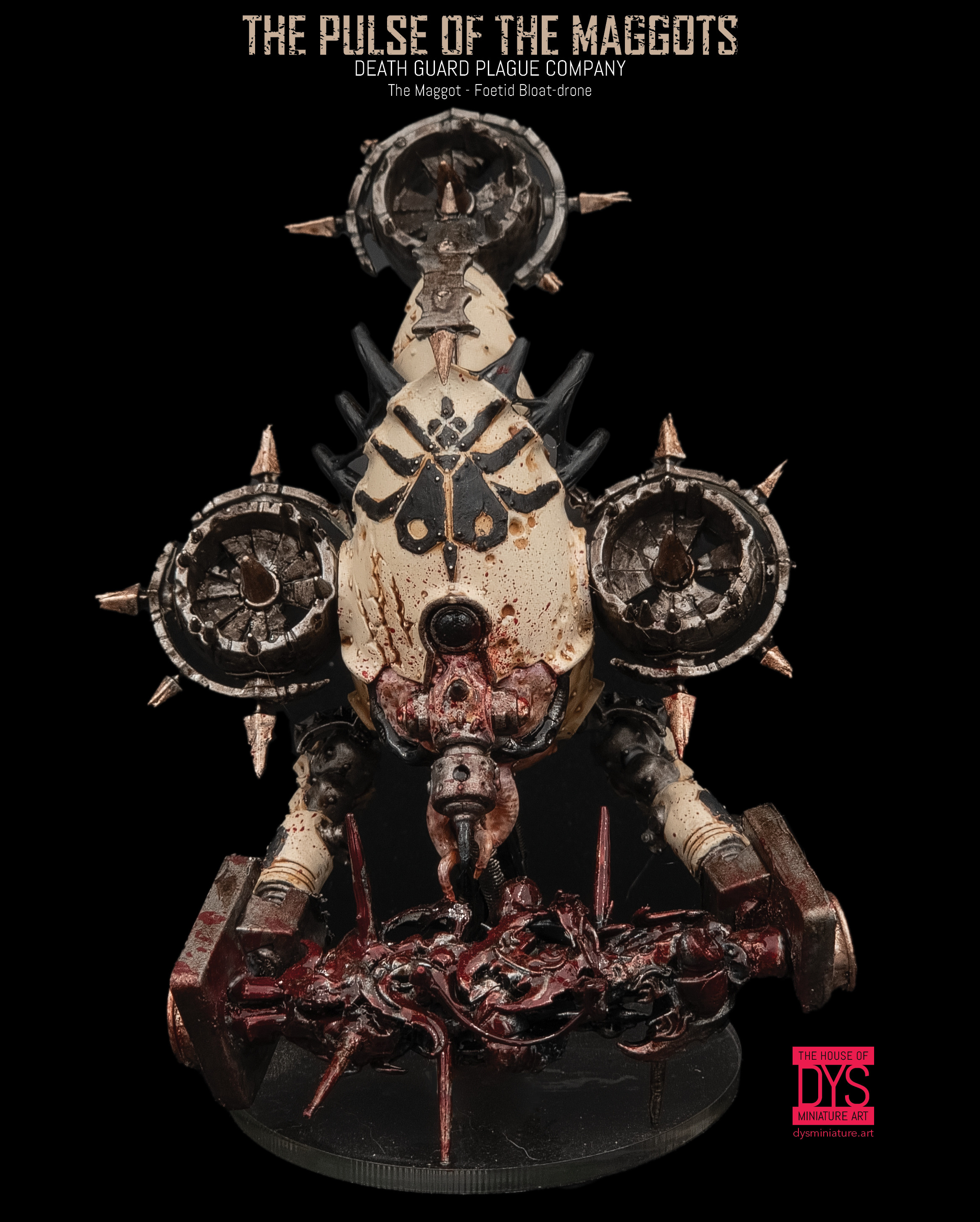 Detailed view of 'The Maggot' from Warhammer 40k, a Foetid Bloat-drone belonging to the Death Guard Plague Company. The model captures the essence of decay and mechanized horror.