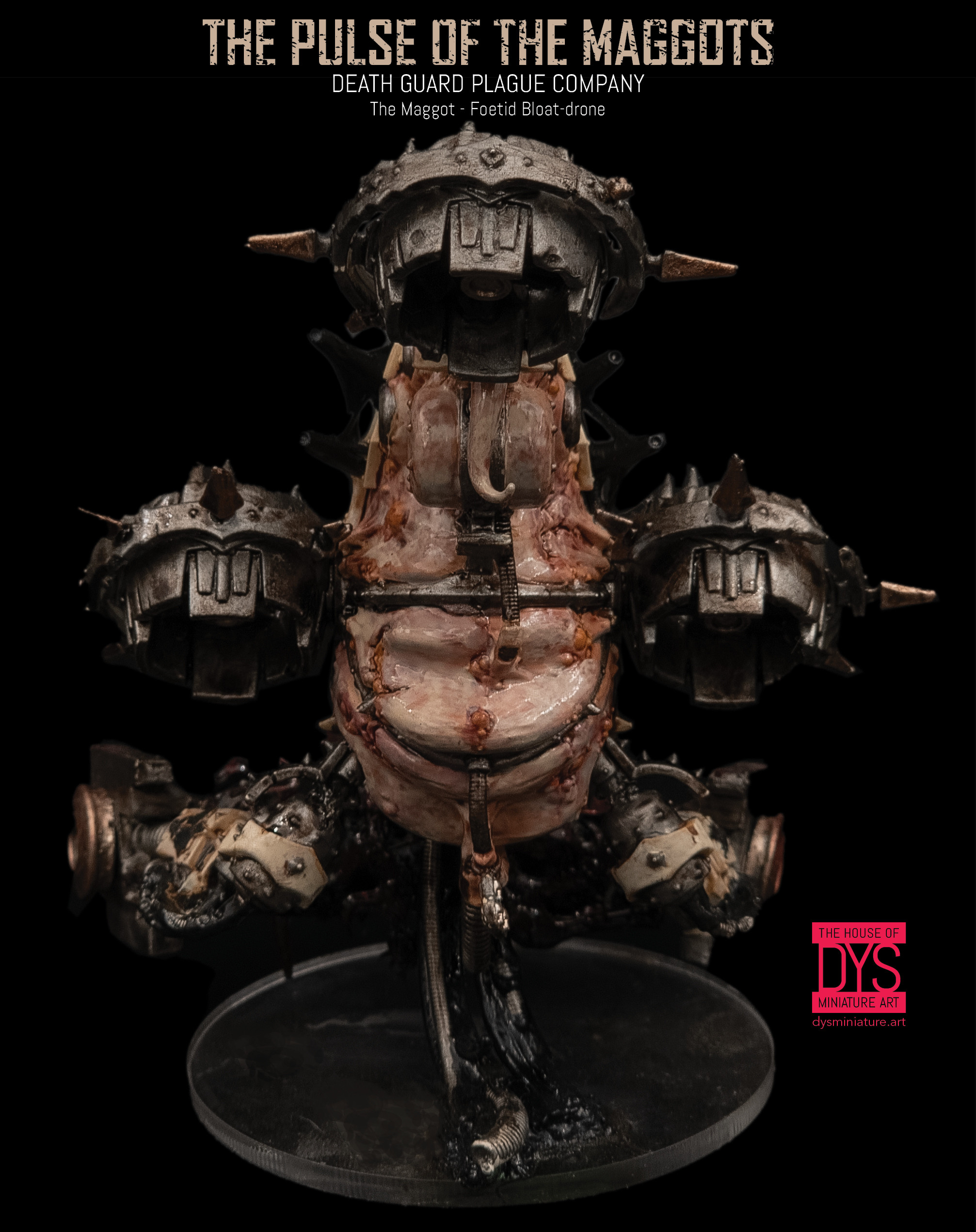 Rear view of the Warhammer 40k Foetid Bloat-drone 'The Maggot' showing the intricate details and the terrifying design elements unique to Nurgle's creations.