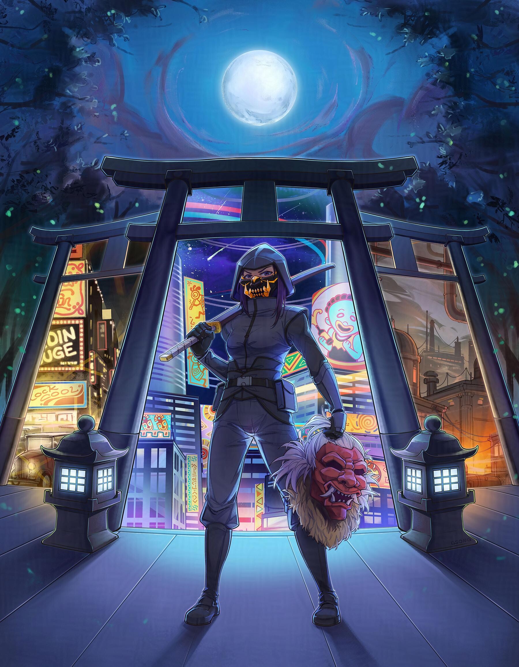 Cool and dangerous looking ninja in front of multiple portals