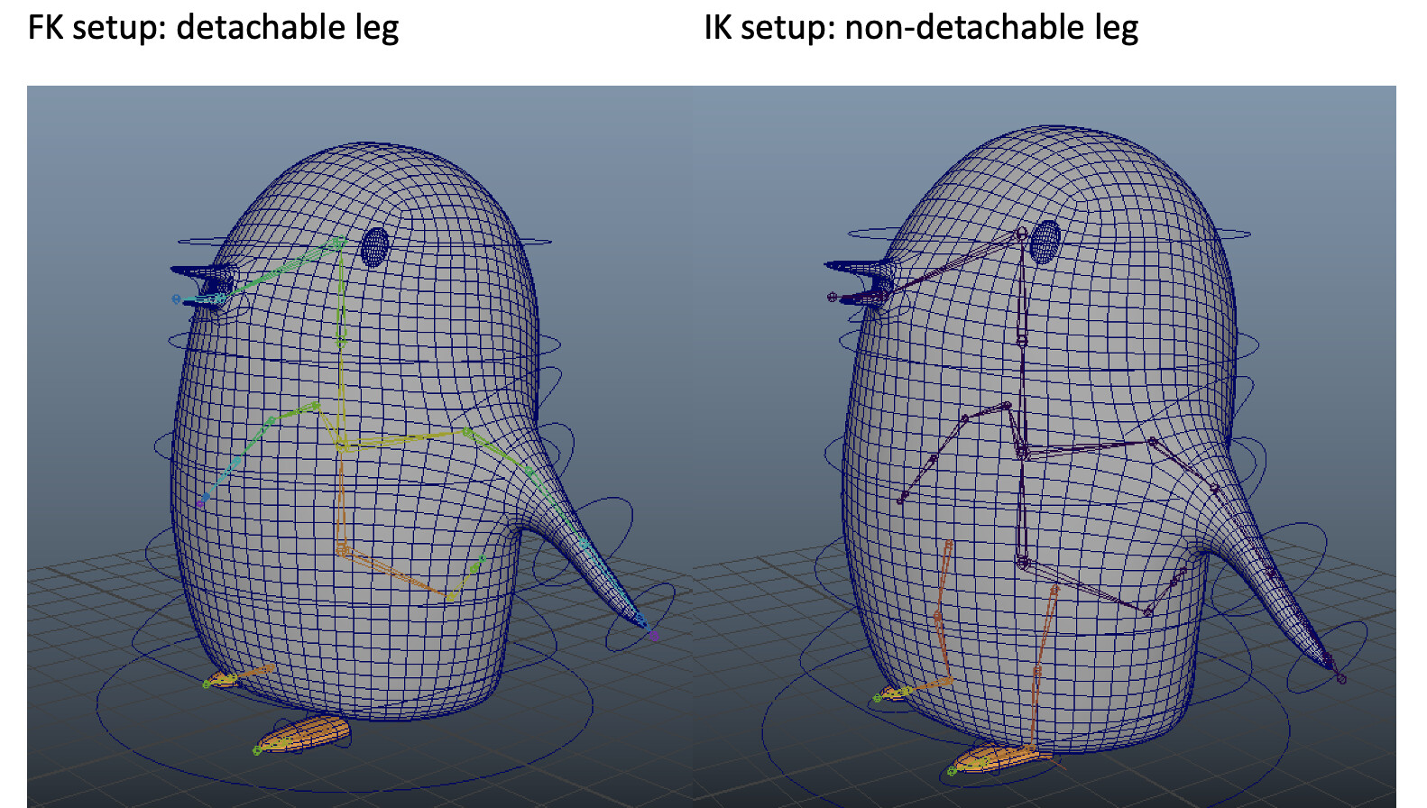 One animator from each team had a different request on how they wanted Paige to be rigged. One of them preferred an IK setup with a non-detachable leg, another preferred an FK setup with detachable legs so that they can push the style even more.