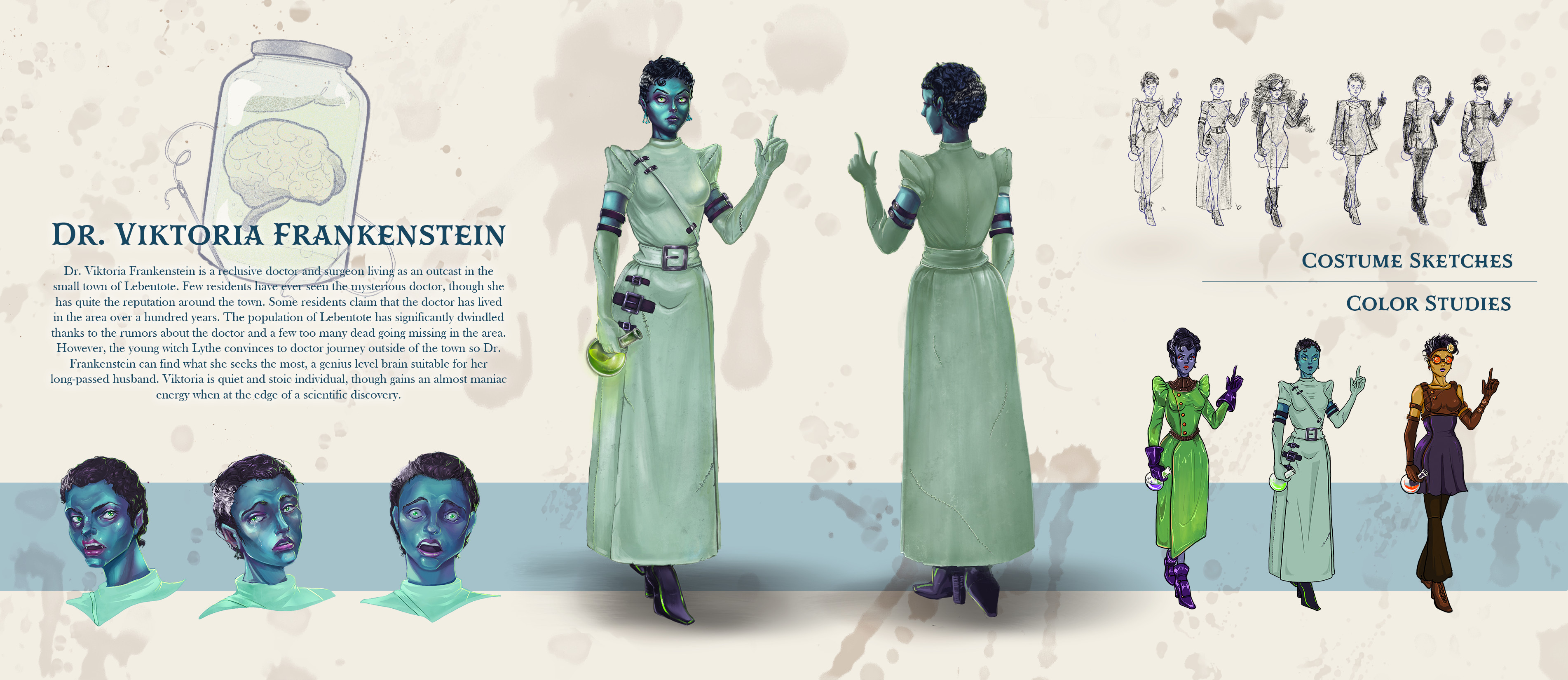 Character sheet for "Dr. Viktoria Frankenstein" from the Visual Novel "Lythe the Forgetful Witch". Dr. Frankenstein is a brilliant scientist seeking the perfect brain to revive her love. 