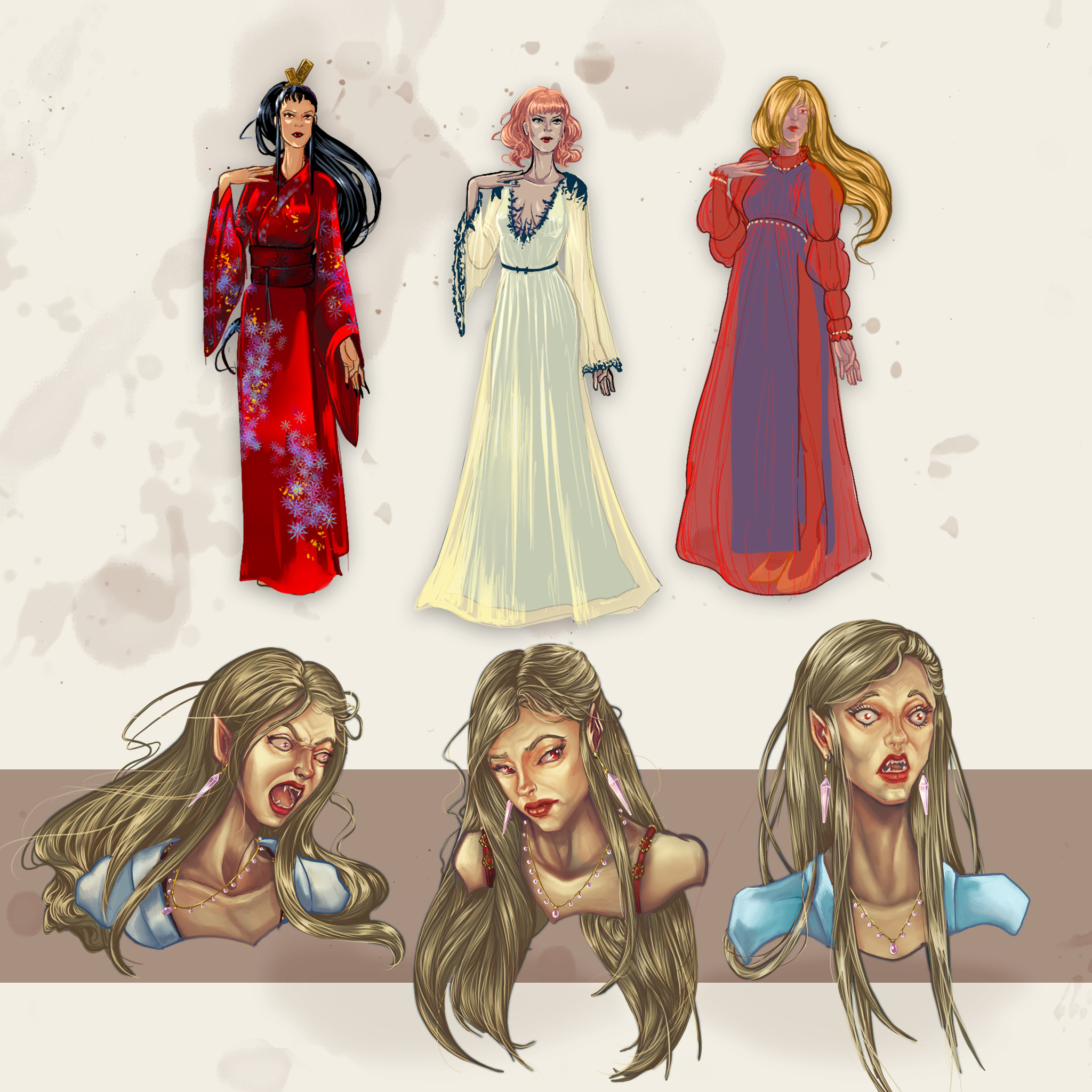 Color studies and expression explorations for Lythe the forgetful witch.  