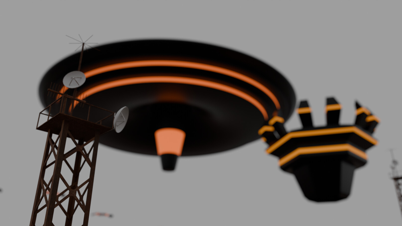 The spaceship and the head ship on the air ready for attack. In front stands the radio tower.