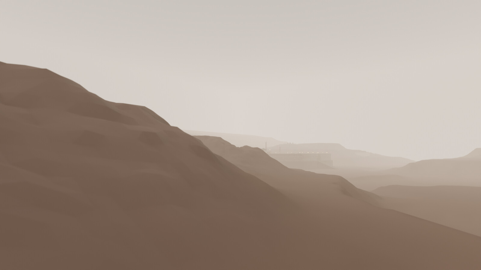 The far away shot showing the desert environment and the mood setting.