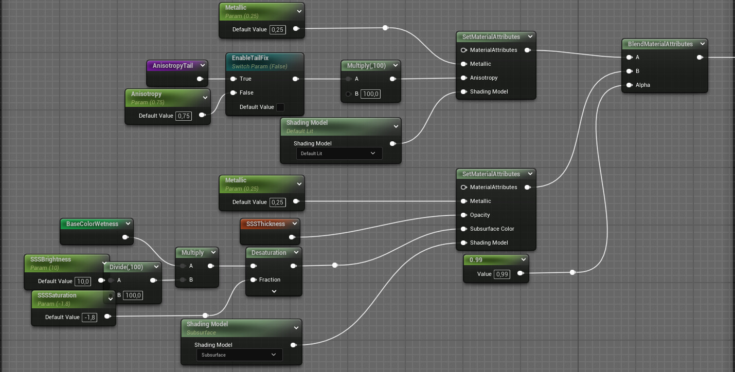 The Subsurface Scattering Shader Model don't support Anisotropy from the Default Lit Shader. To mix it im blending both shader models with a float of 0.99 and multiply anisotropy by 100.