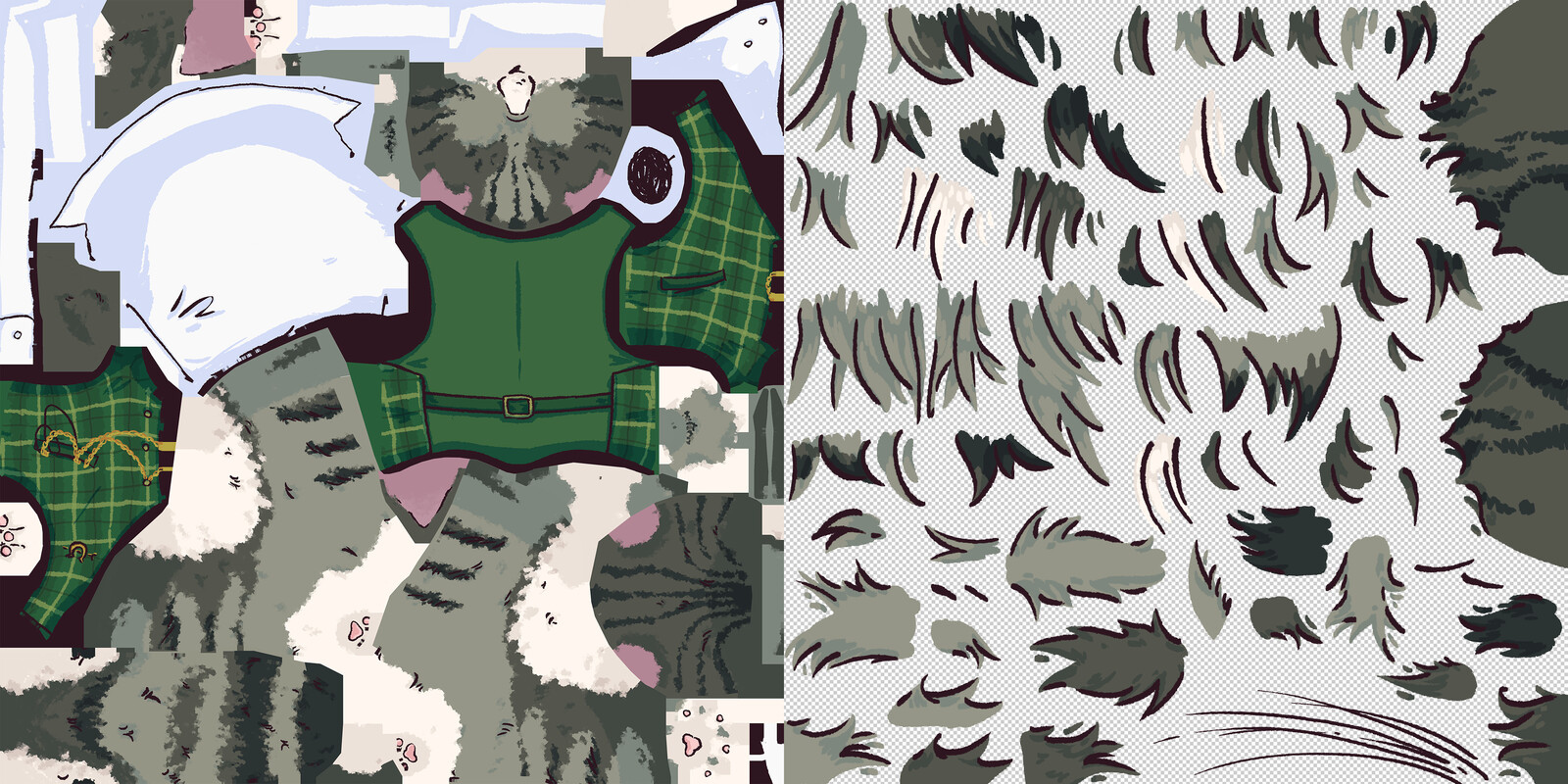 Main textures : full body and alpha elements, minus faces.
For this character, most of the alpha texture is used for fur effects on the legs