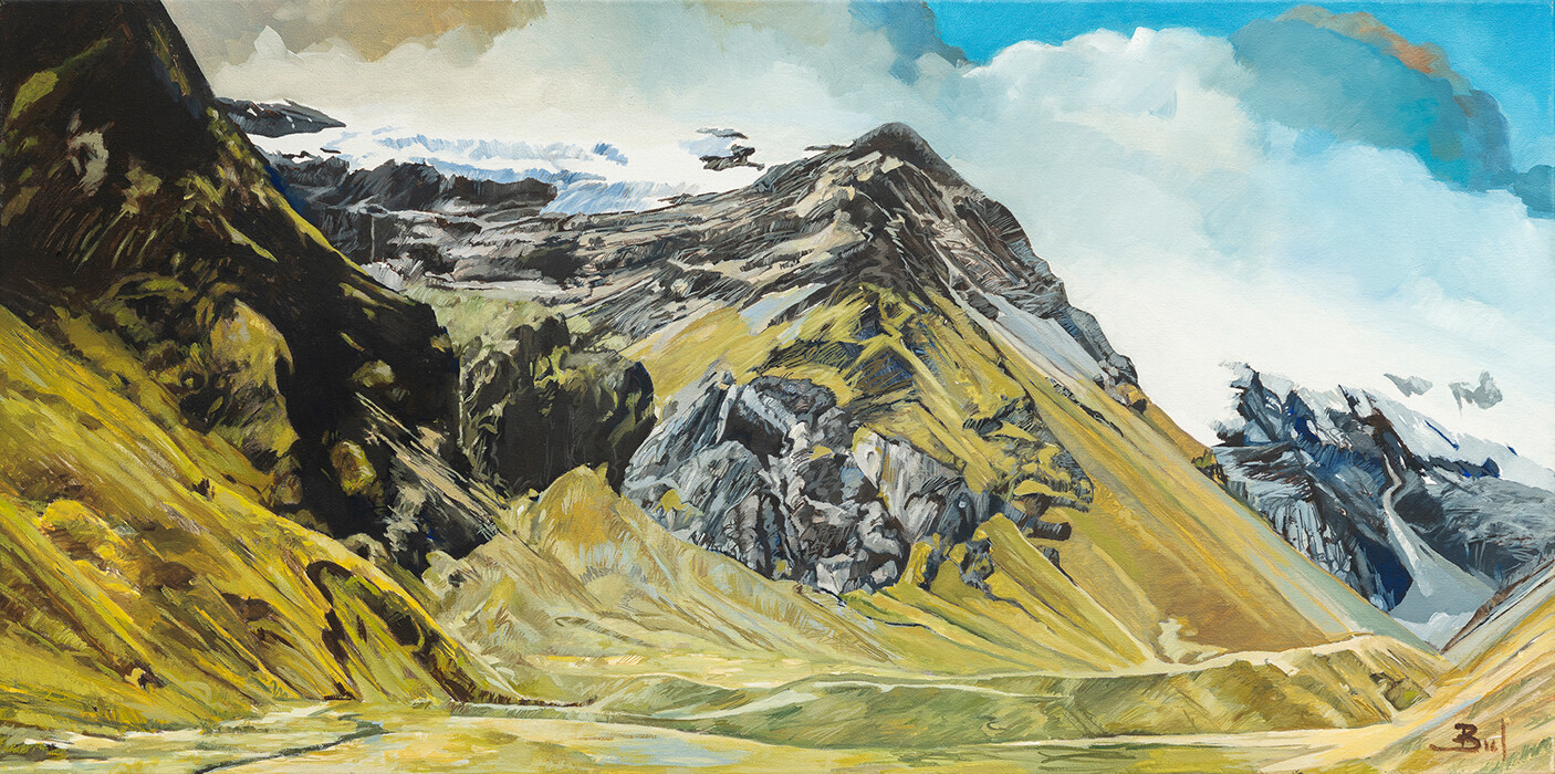 "Quebrada de los Cedros (1)". Andes peruanos. 40x80cm. Oil on canvas.