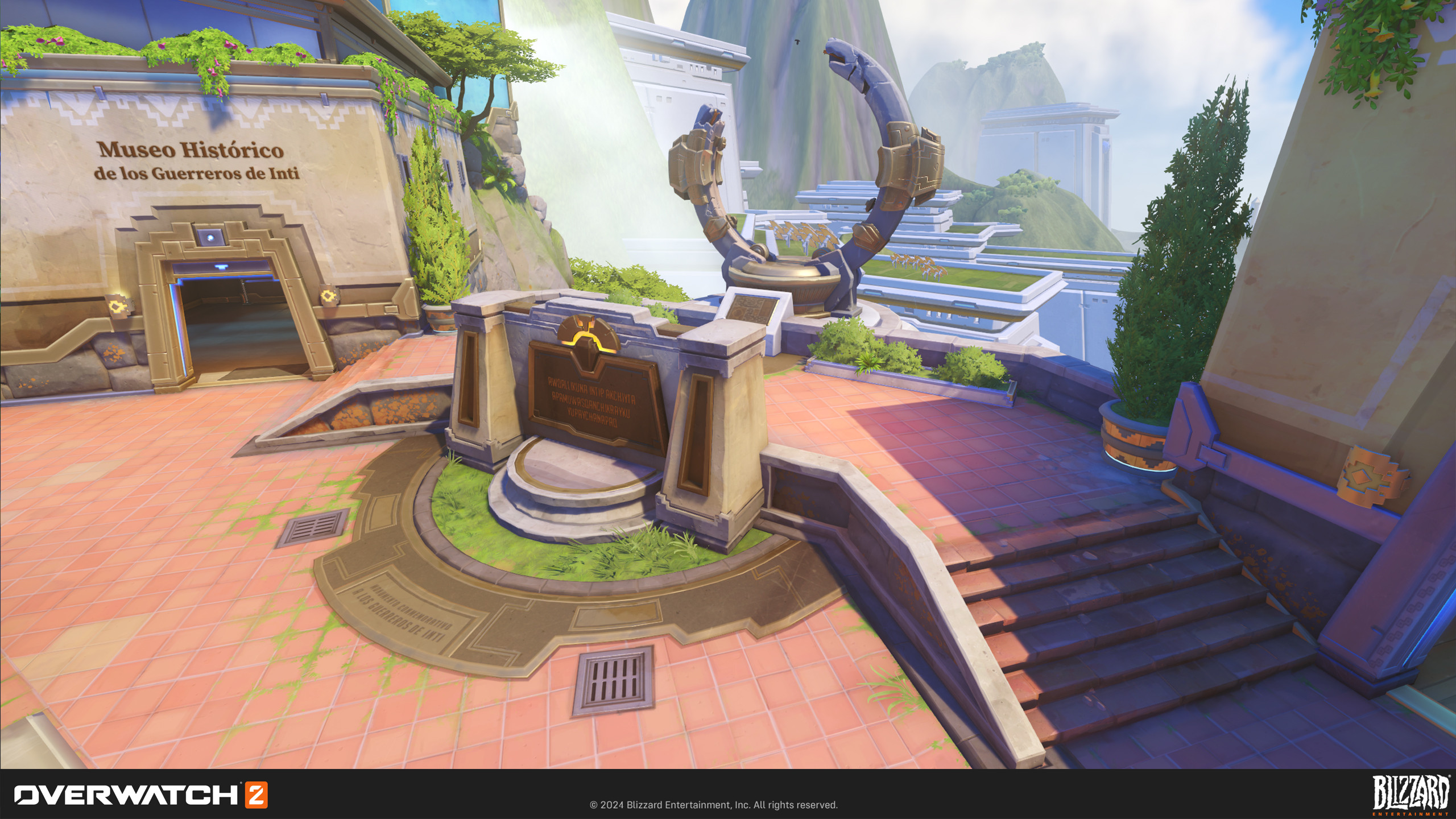 Here's Ilari's artifact in full context of the monument. I recycled the brick material and created new assets for the artifact area, including a new planter and bench, but the central ring artifact is the star of the show.
