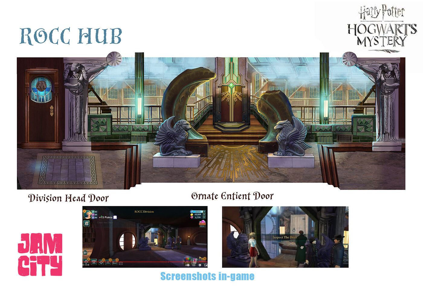 A slightly closer look at the last third of the ROCC hub with in-game screenshots. The Enchanted door was changed to look much more mundane to suit the narrative. 