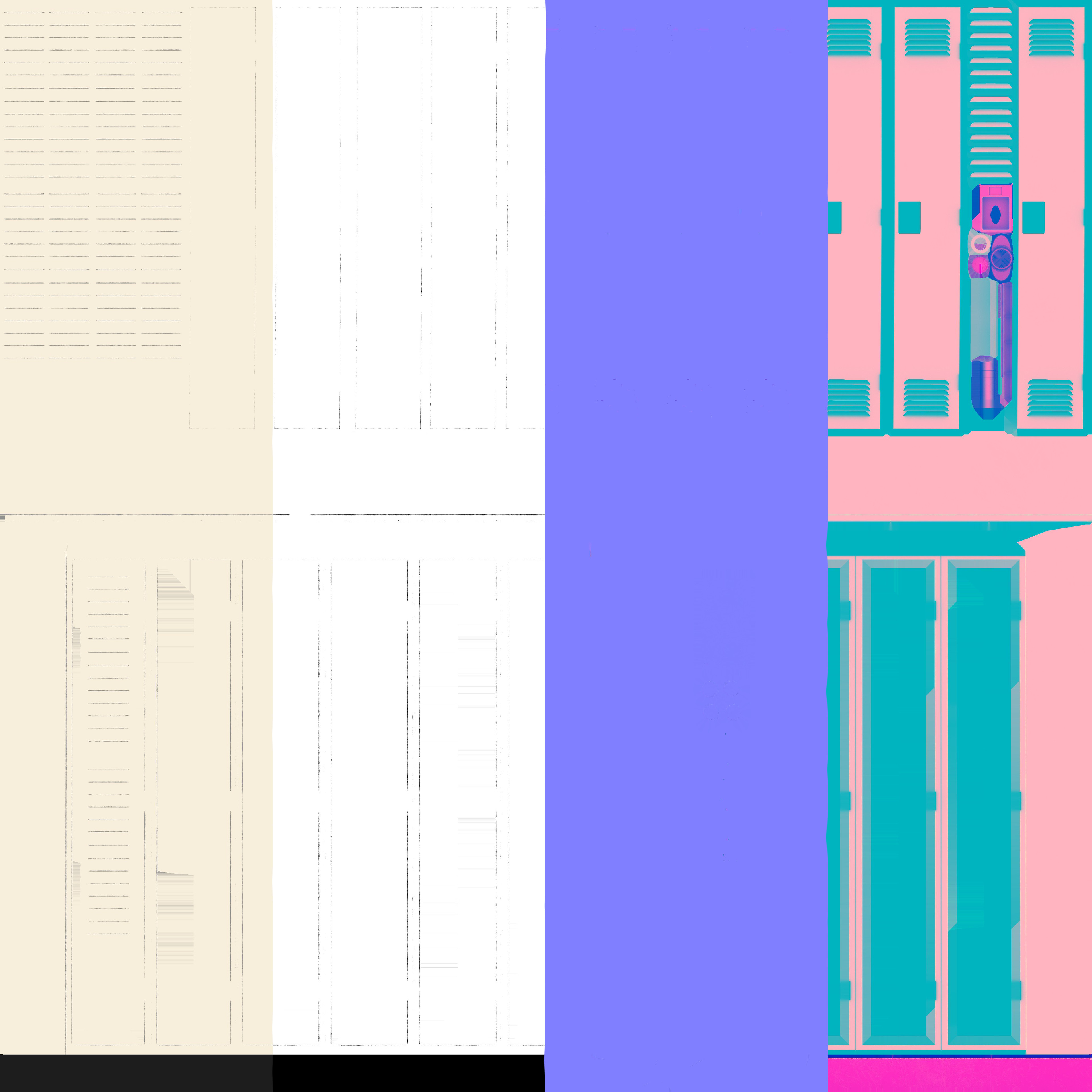 Texture Maps for the lockers which include Albedo, Metalness, Normals, and a packed ORD(Occlusion, Roughness, Displacement).