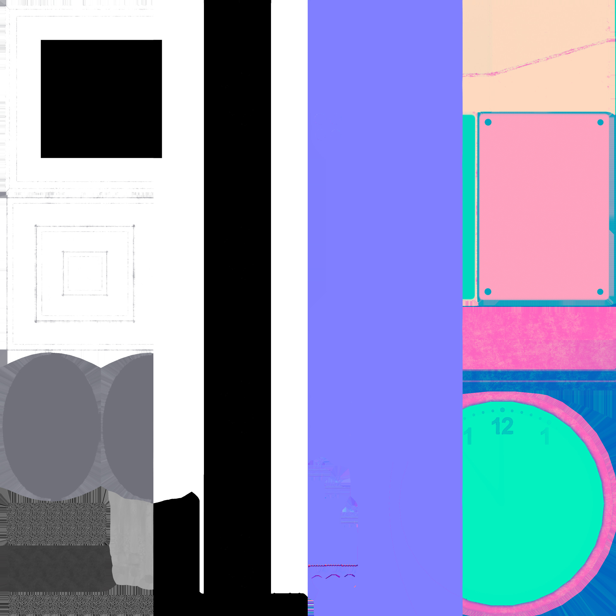 Texture Maps for the props like the clock, PA box, air vent, chalk, eraser, and thumbtacks. All of which include Albedo, Metalness, Normals, and a packed ORD(Occlusion, Roughness, Displacement).