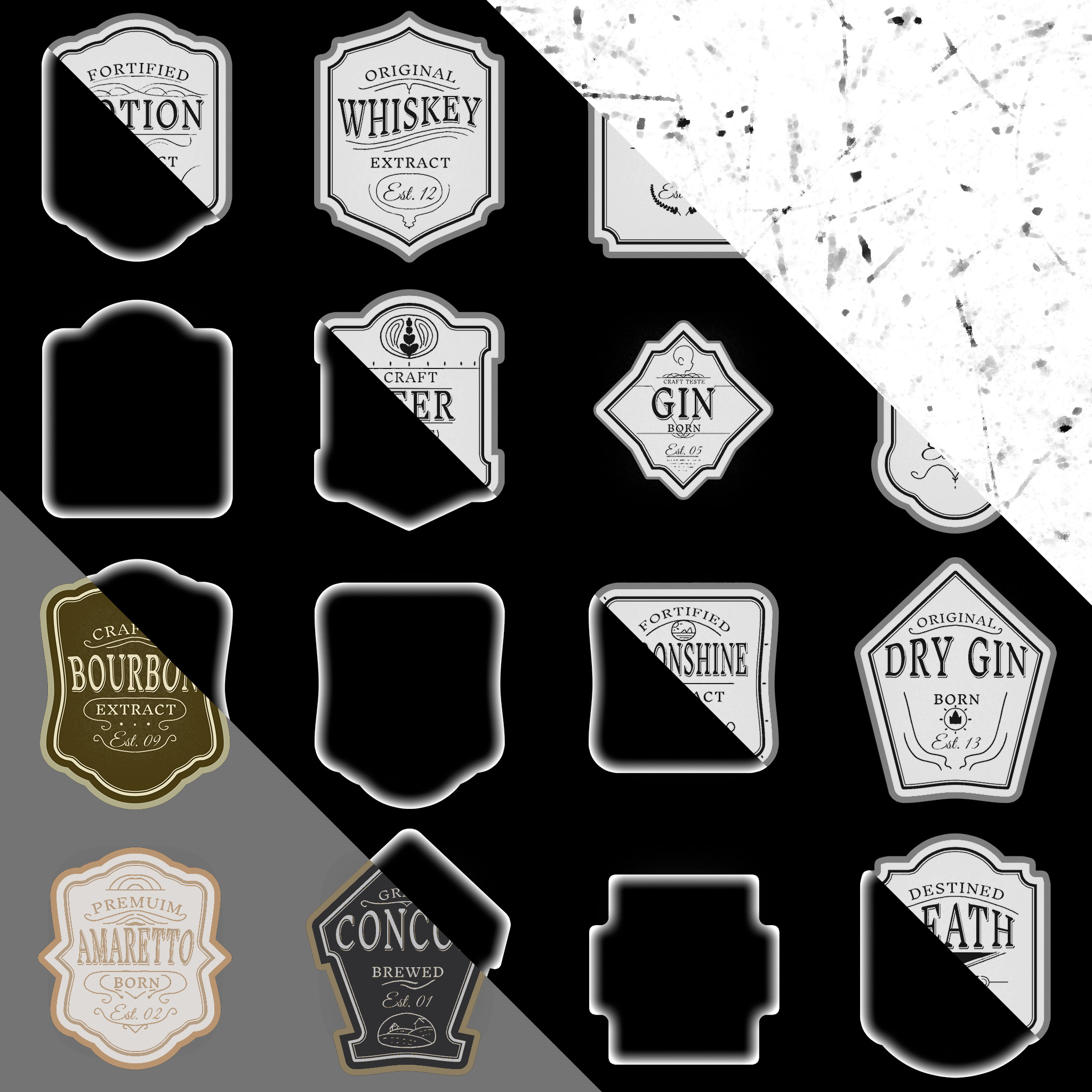 Left to Right: Albedo, [R] Inner-Stroke-Mask, [G]Roughness, [B] Noise Texture.

These Texture getting cropped in the shader and than placed in the right position. No decals required.

The Labels were made in Photoshop manually.