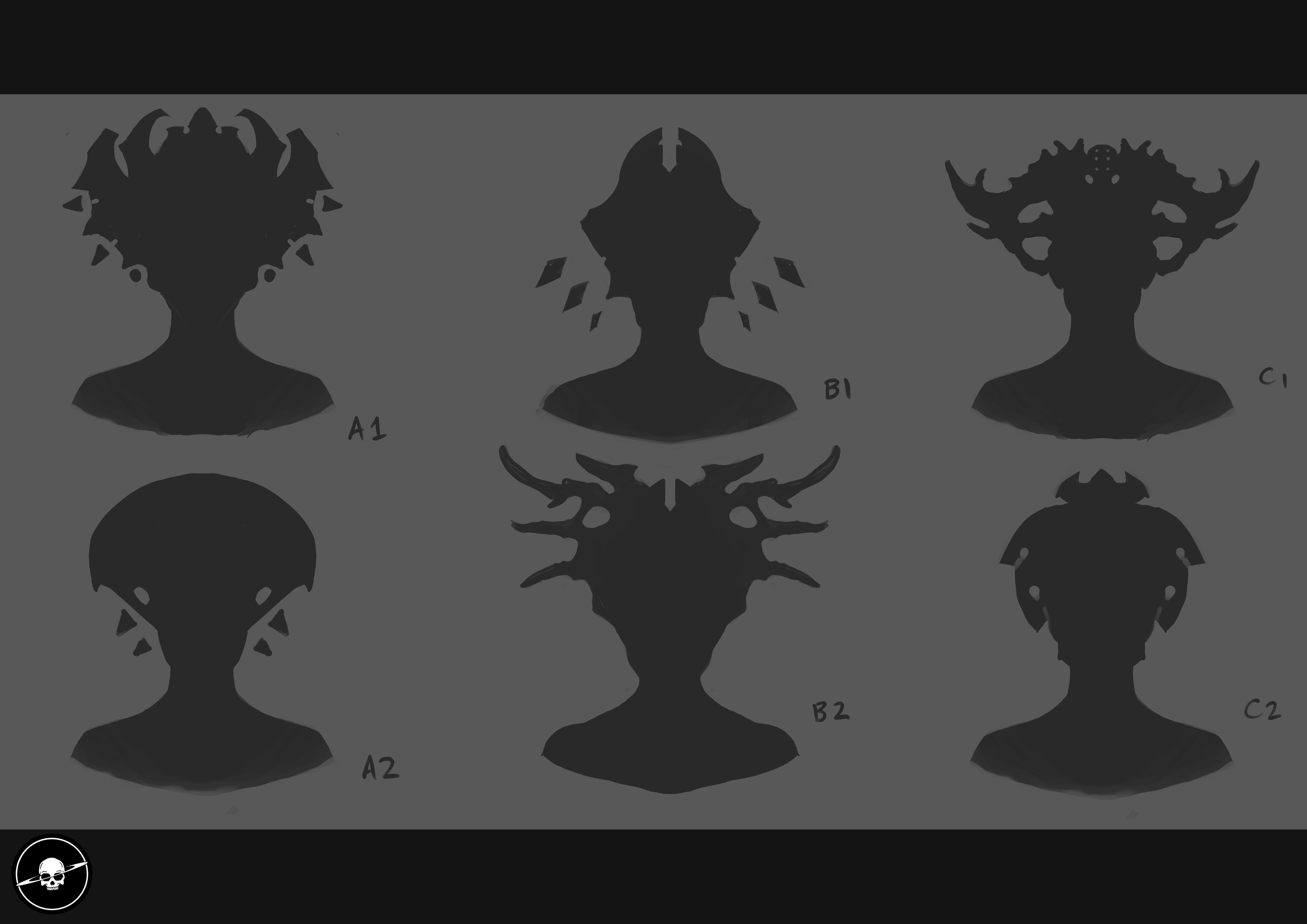 Various silhouette explorations for Forsaken mask design.