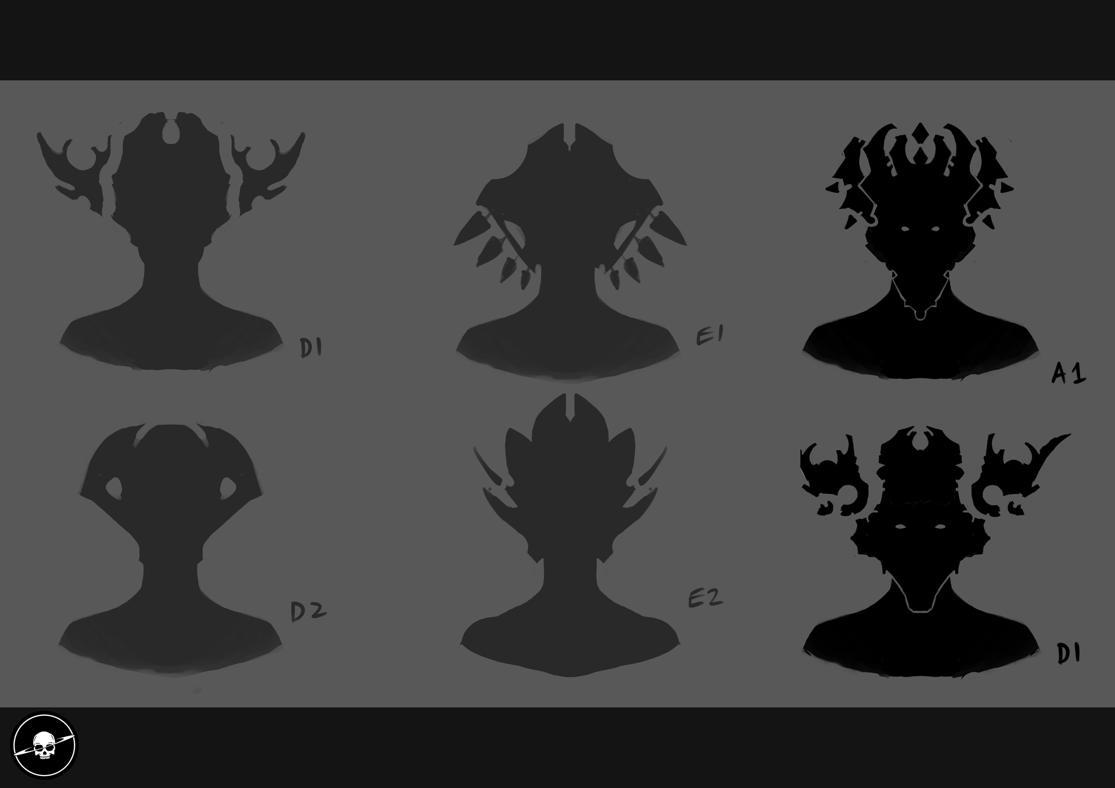 Various silhouette explorations for Forsaken mask design and more final ideas in black.