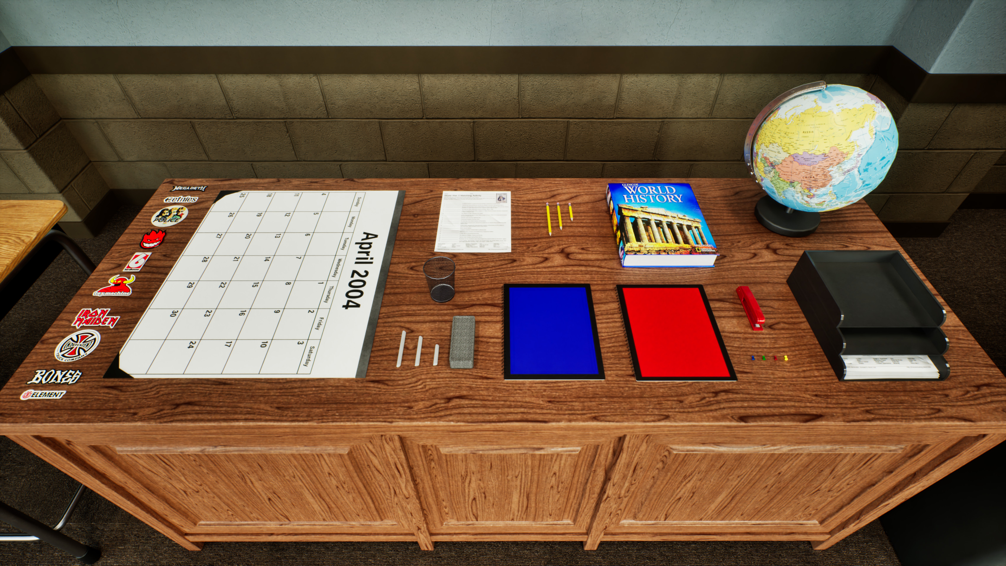 Collection of smaller props like chalk, eraser, stickers, pencils, notebooks, etc.