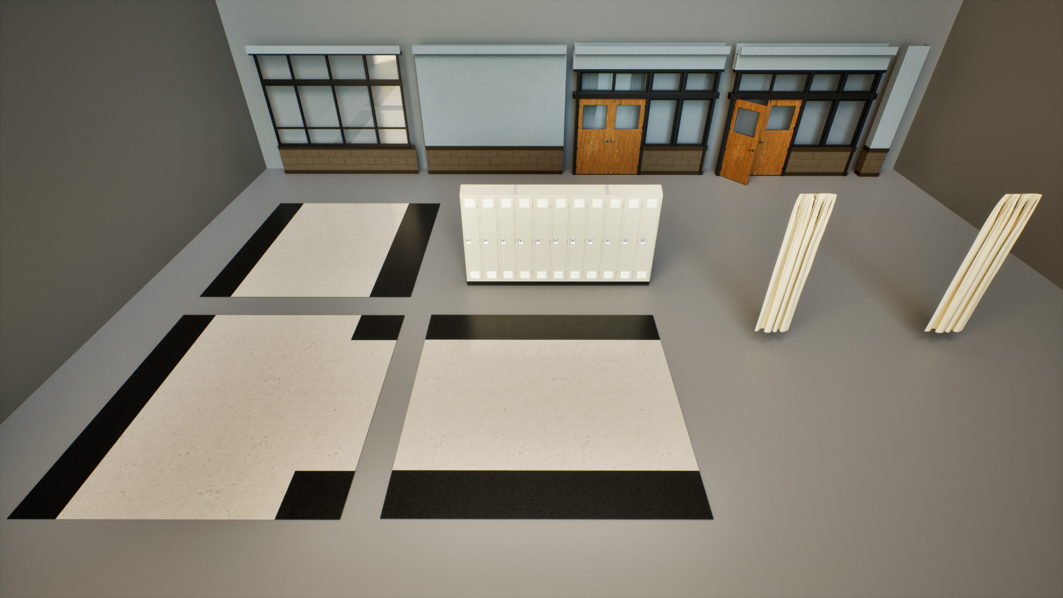 Collection of modular pieces that make up the walls and floor of the hallway and classroom.