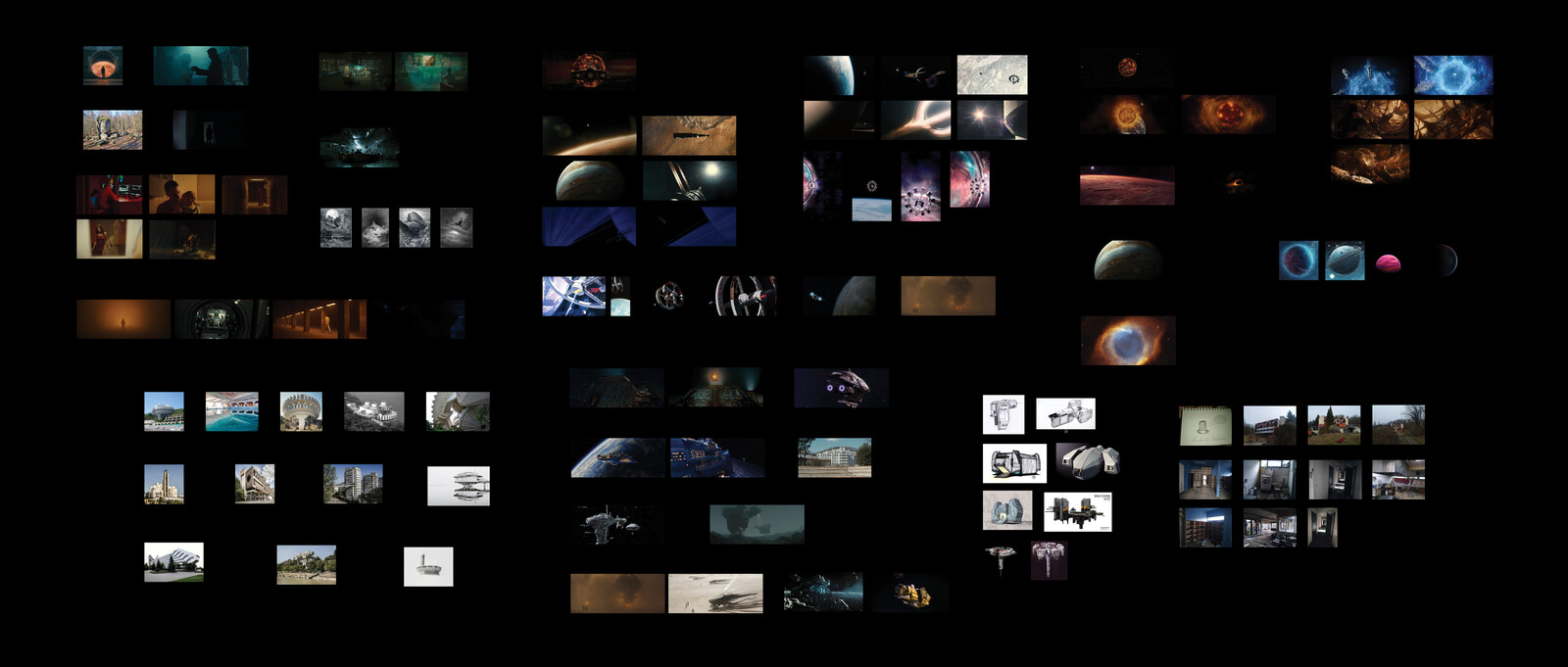 Research of references and inspiration, classified into different categories: emotions, lighting, architecture, planets, and framing.