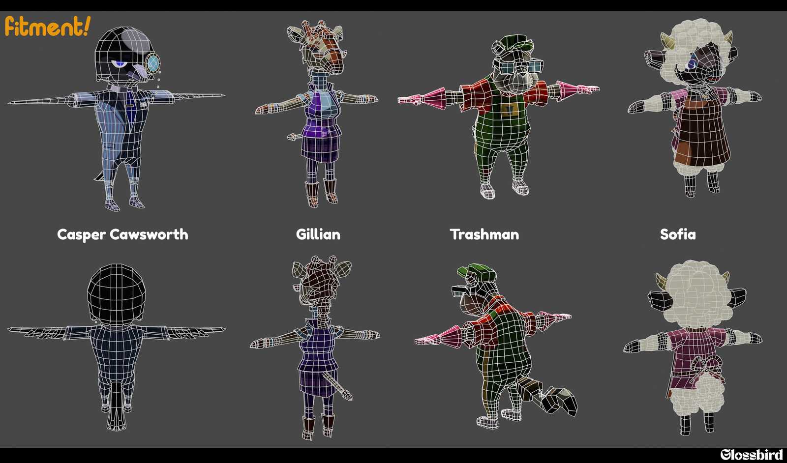 Wireframes; characters expressions animate via wrapped 2D texture swapping, Animal-crossing style.