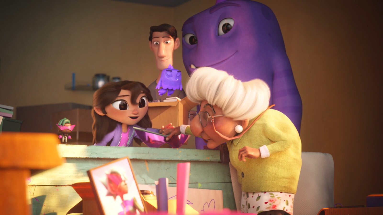 I was responsible for the texture and lookdev of the old lady with the green shirt.
