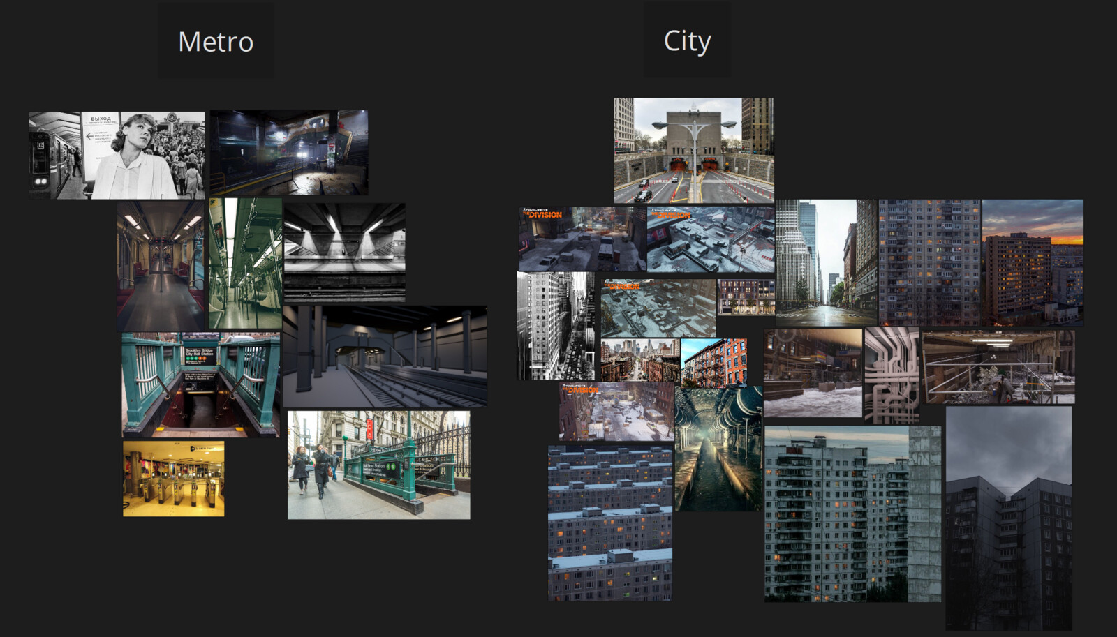 To make the level natural, I collected references of city, canalisation &amp; metro. Main reference is gameplay video of Tom Clancy's The Division.