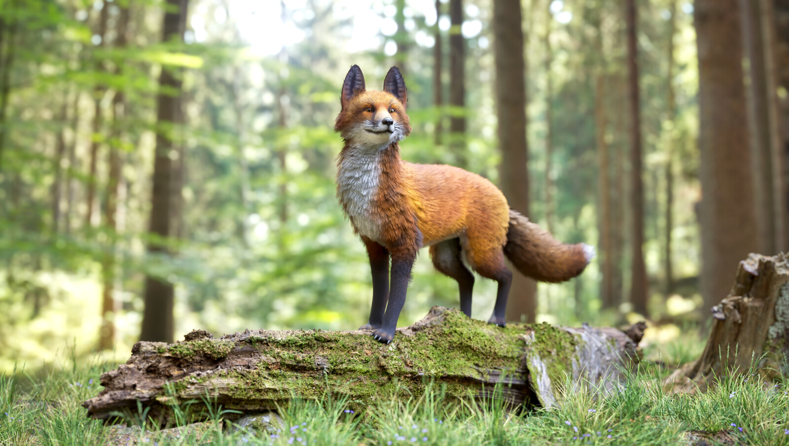 Rendering of the fox in Unreal Engine 5 with path tracing.