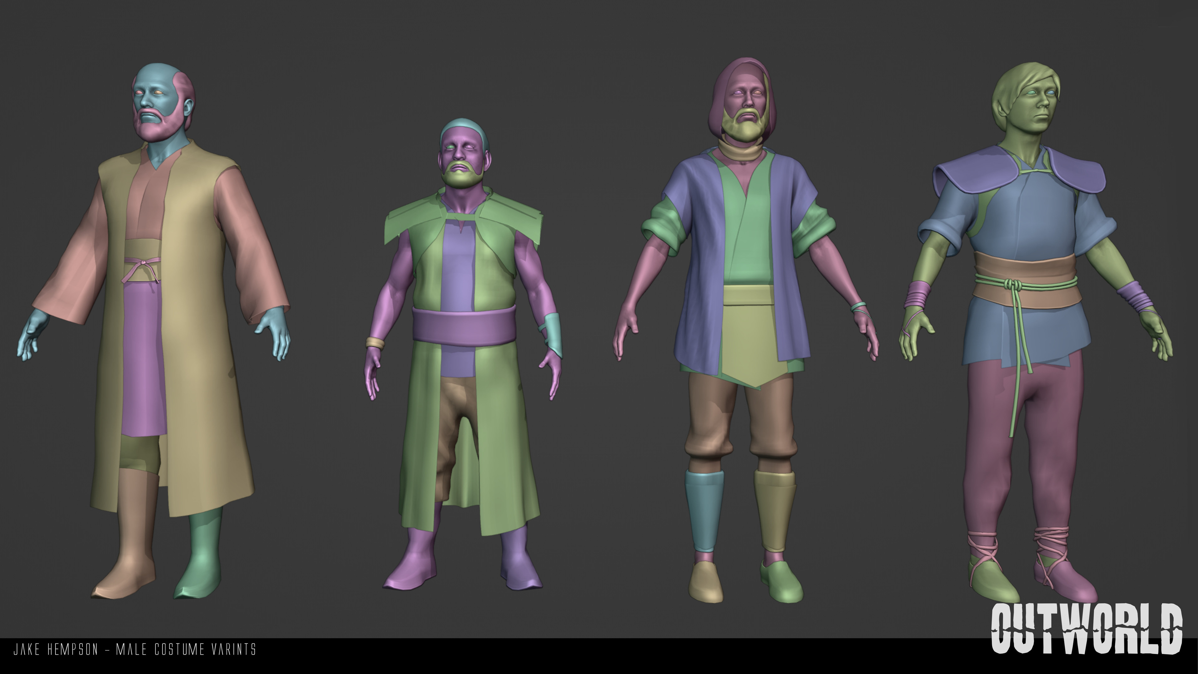 Male modular costume setup for background characters.
