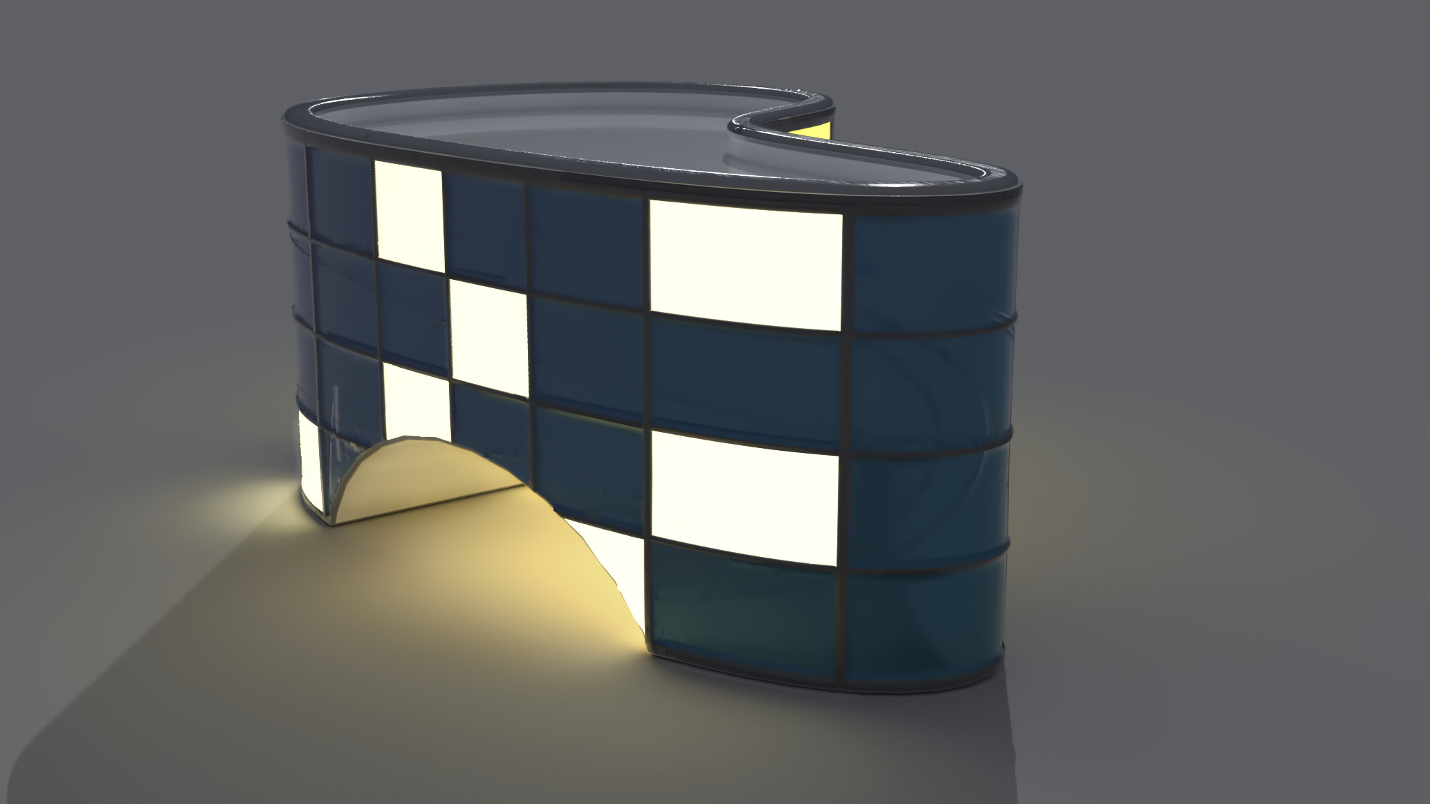 Procedural building with instant-façade texture created in Affinity Designer with layers for emission, displacement, diff colour and reflection colour. An experiment in ultra-fast procedural context building generation. 