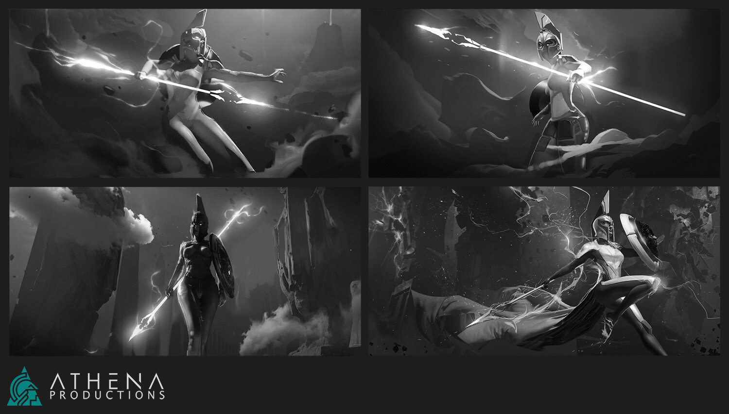 Initial sketches as we explore different ideas for our Athena Key Art. At this stage, speed is key.