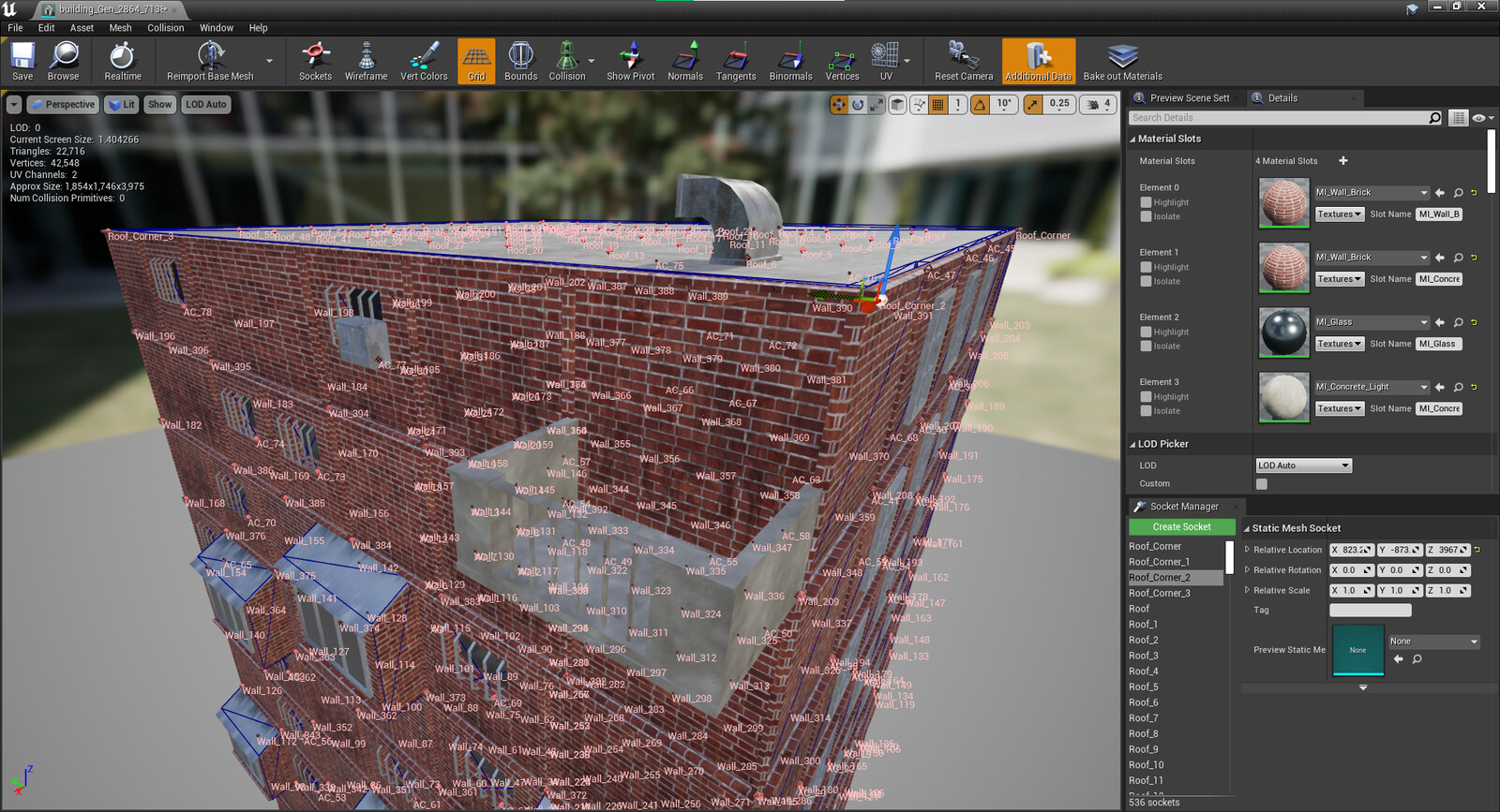 Procedurally generated sockets to randomly place AC units, balconies, and roof obstacles
