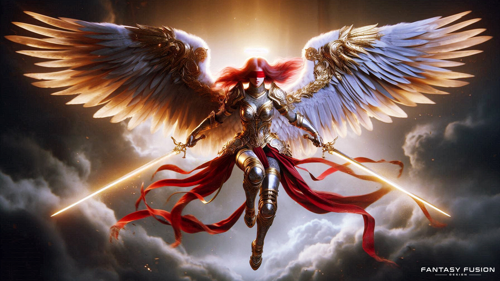 Blinded to the mortal realm, her vision sees beyond the veil of earthly illusions. Her golden blades pierce through deceptions, exposing the truth within.