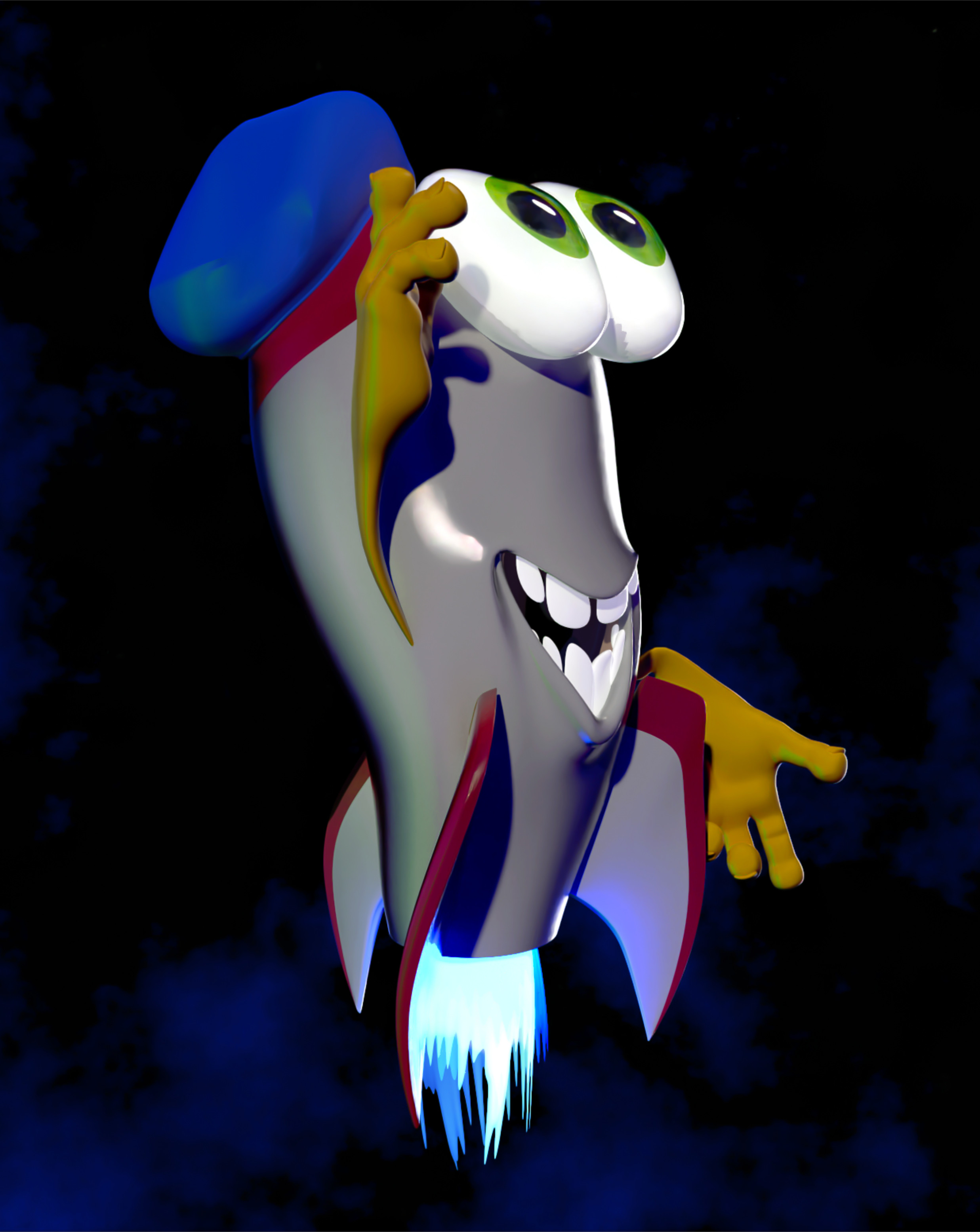 My suggested next design steps - lose the legs, make the fins the legs (I re-rigged, of course) and make the fire the correct blue...