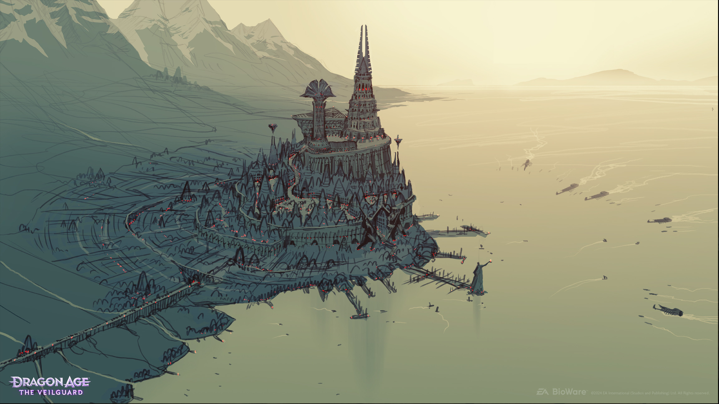 Minrathous in context, with the Nocen sea to the east, the High Reaches mountain range to the west, and the Imperial highway heading south. 