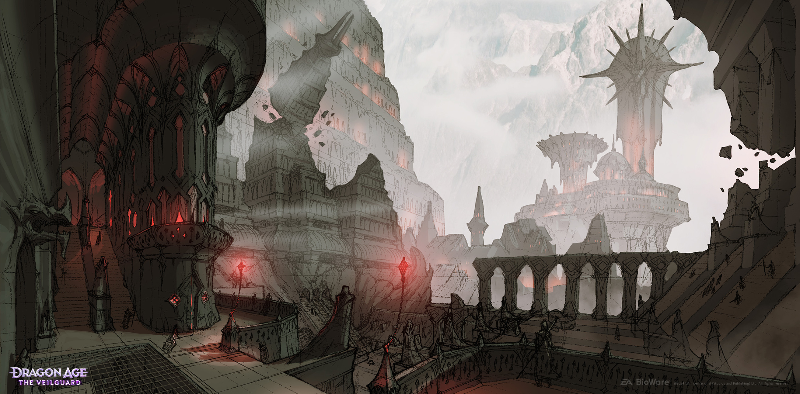 Early exploration of how magic might be visible in the city. In this case, there are ruins that would have fallen centuries ago, but they've been propped up magically. In the distance, the temple of Andraste, the Mage's circle, and the Archon's palace. 