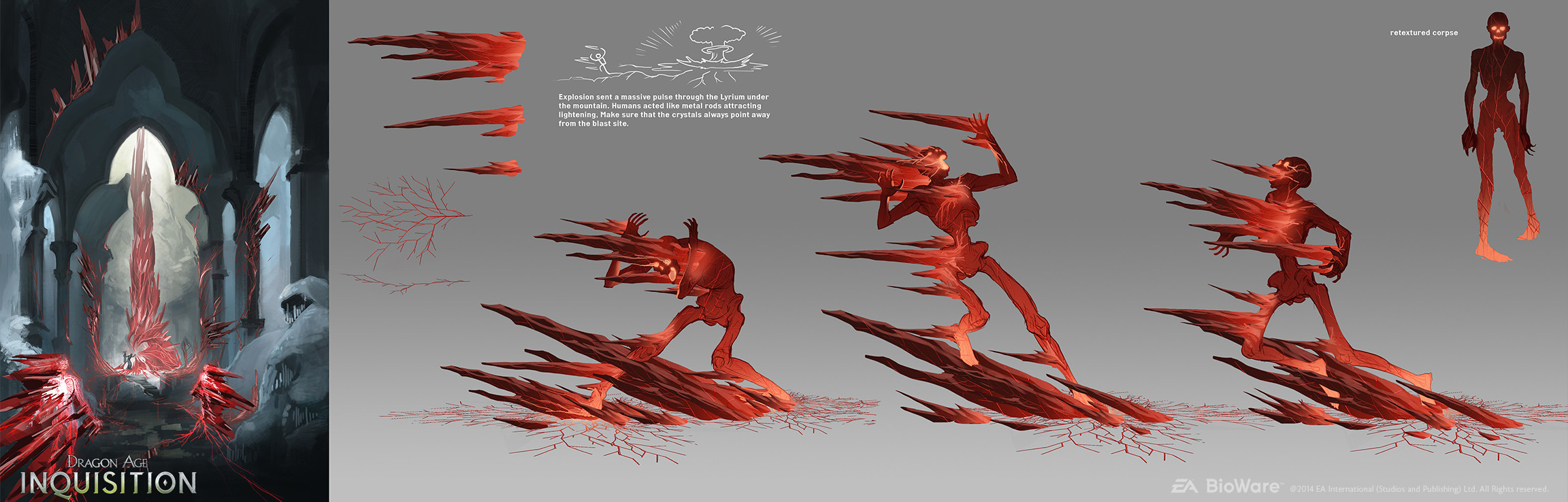 Bodies magically frozen into red lyrium, part of the aftermath of the massive explosion at the beginning of the game. 