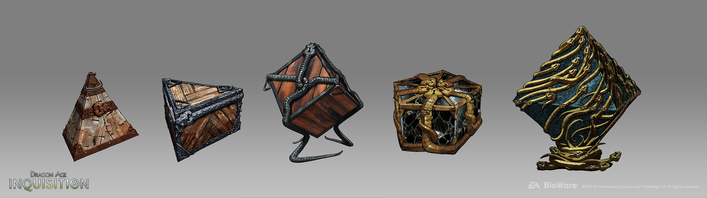 A set of Tevinter chests, the value increases with each side added. They start at 4, and go to 8 sides. 