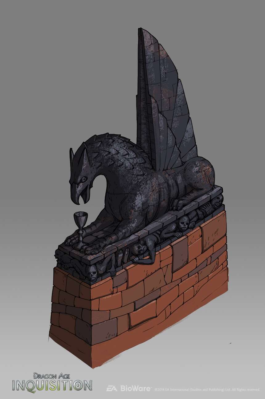 A Warden griffon statue, sitting proudly on top of the darkspawn it has killed. 