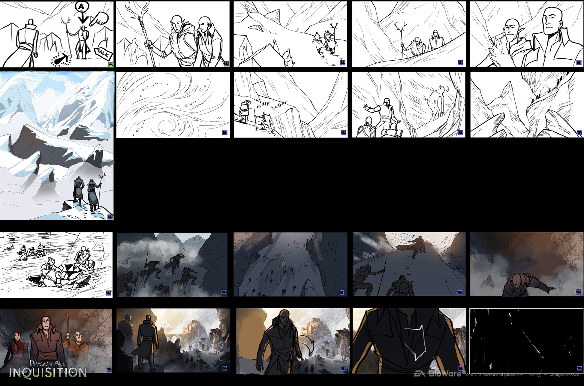 A storyboard for the "road to Skyhold" sequence. 