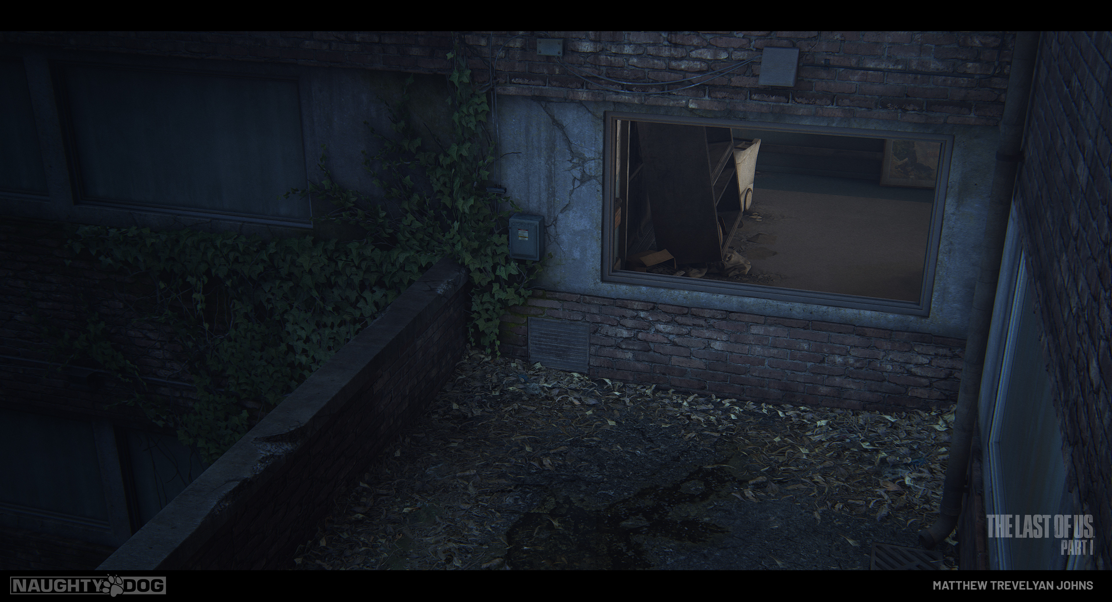 I try to treat all areas like mini-vignettes, imagining the player hiding here for a while, having the time to take in the details, the cracked concrete, individually modelled leaves, slightly crumbling of the edge the window rests on...