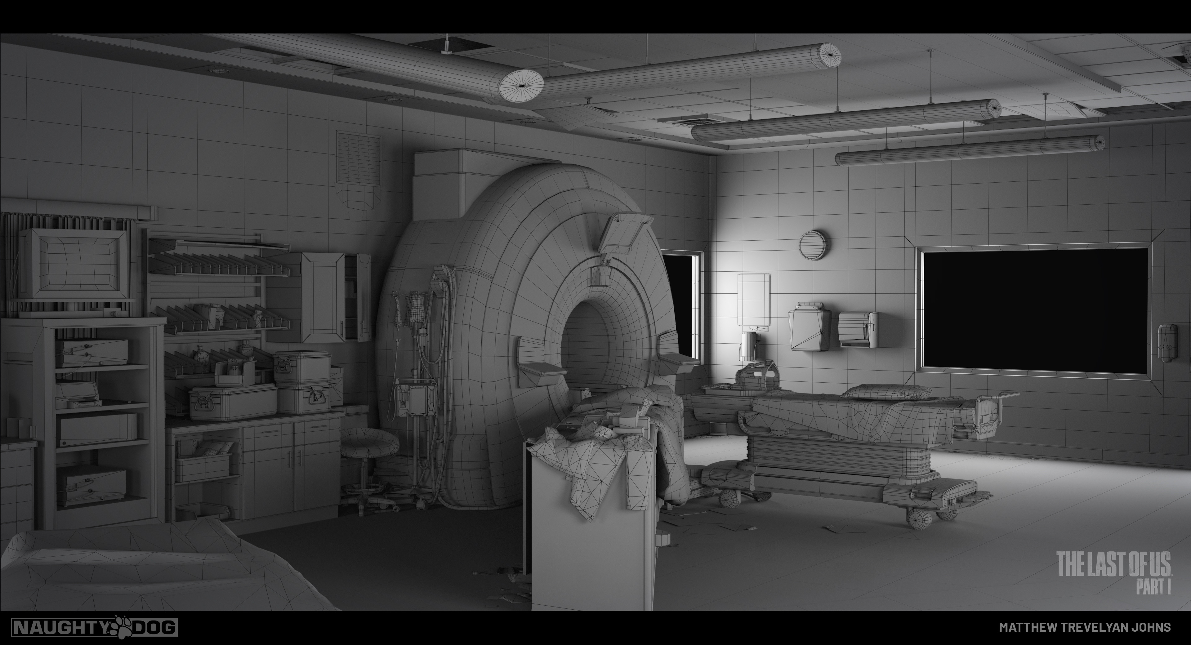 I wanted to try and show a few more wireframe shots of our environments too, to show that our polycounts remain fairly conservative for assets. We tend to rely more on texture and shader work to convey detail, which is why topology is spread more evenly