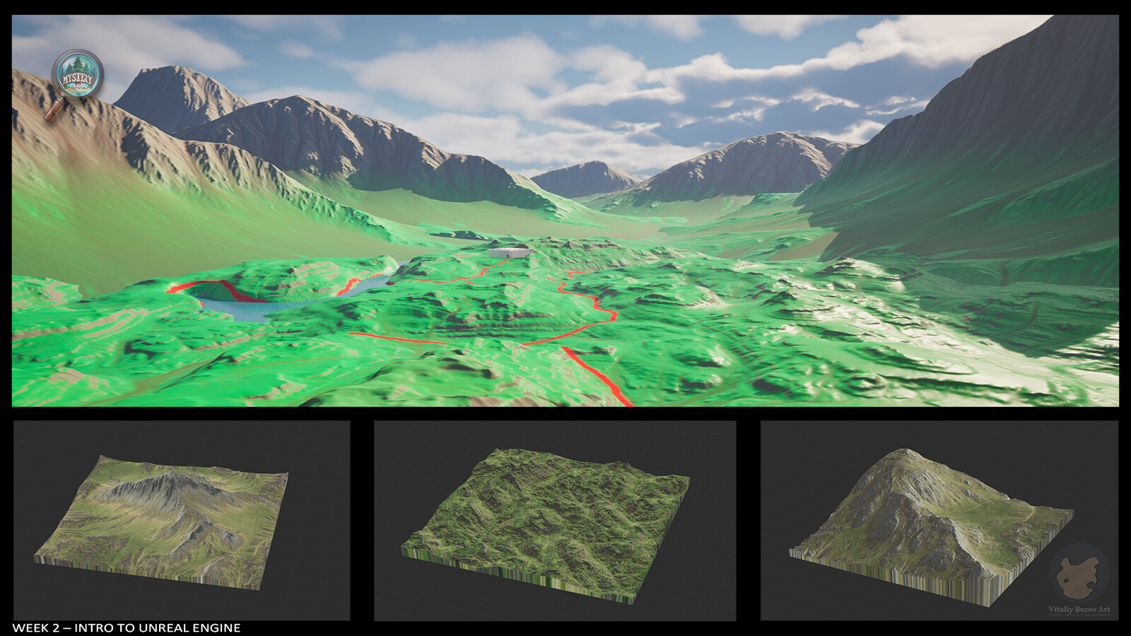 The island layout is all generated using World Machine. Red line is a path to the cave and the green is where I will have the vegetation growing.