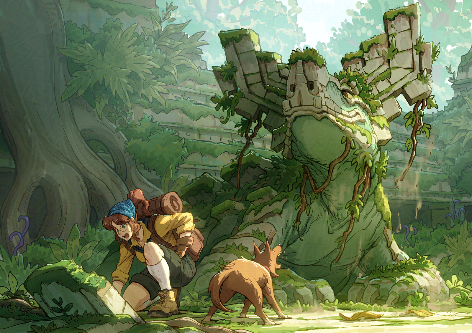 An unsuspecting archaeologist and her furry companion with an unexpected guest!