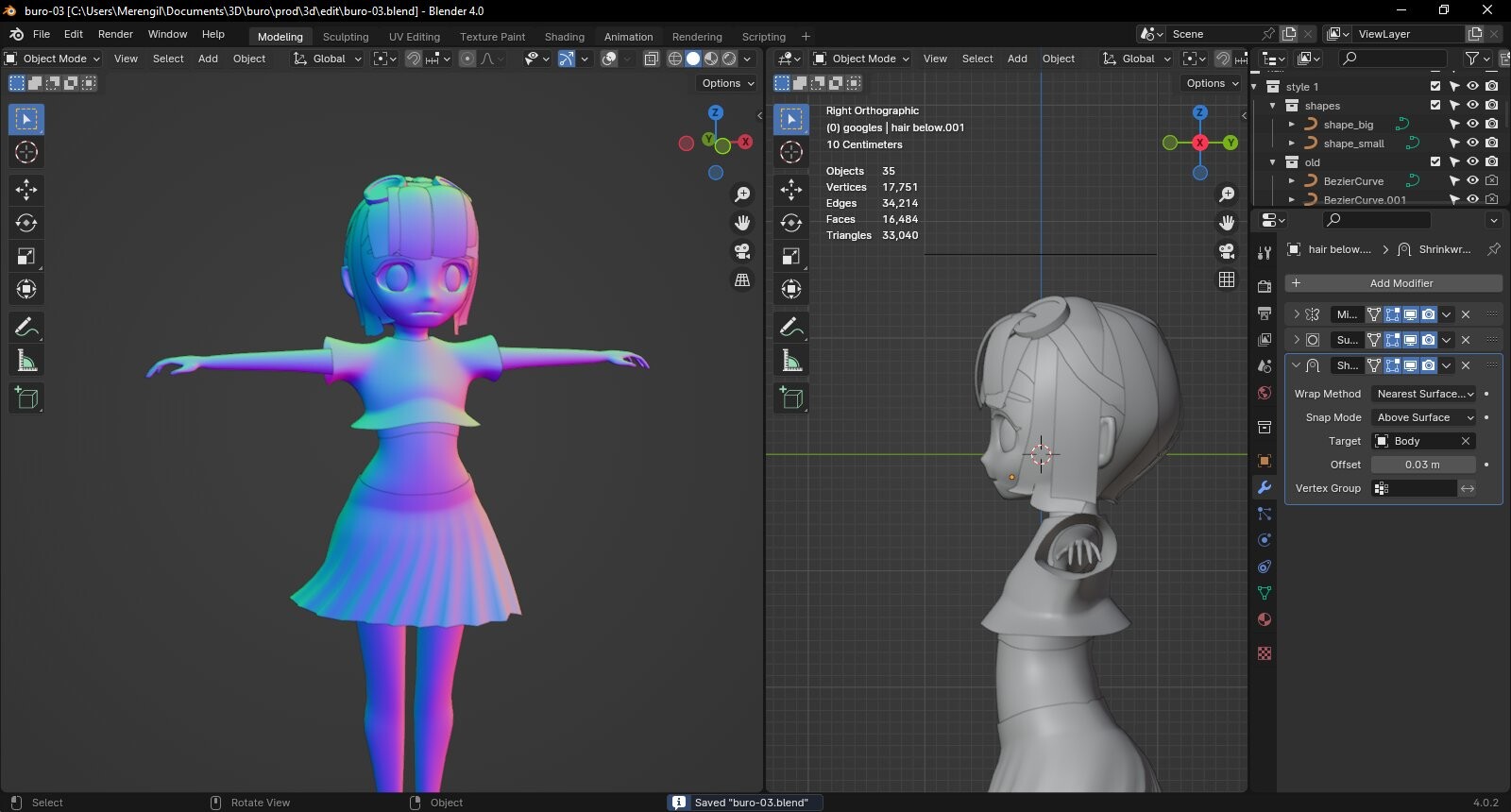 Day 1: the body got finished, along with a big part of the meshes.