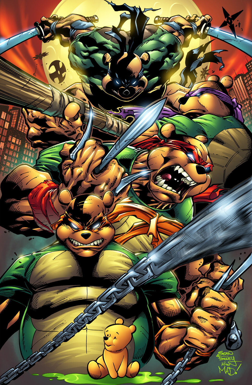 Do You Pooh TMNT homage cover 

Homage to Joe Mad's TMNT art 

Lines and colors by Sean Forney 