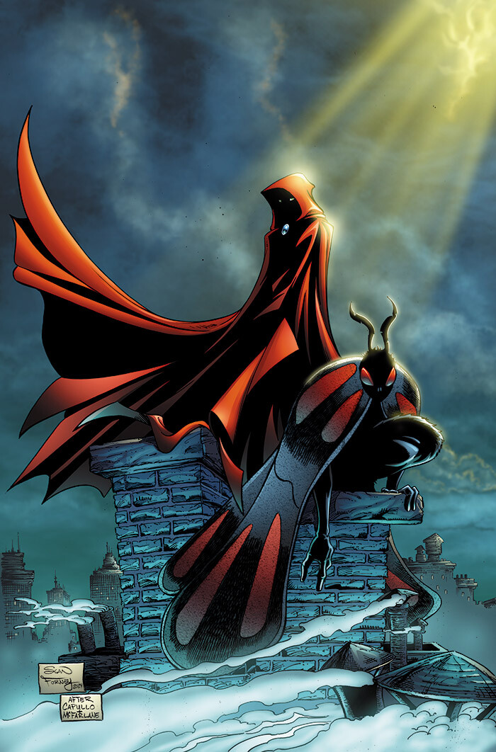 Scarlet Huntress meets Mothman SDCC 2024 cover 

Homage to Greg Capullo's Spawn and Batman cover 

Lines and colors by Sean Forney 

Scarlet Huntress is a registered trademark and copyright Stephanie and Sean Forney 