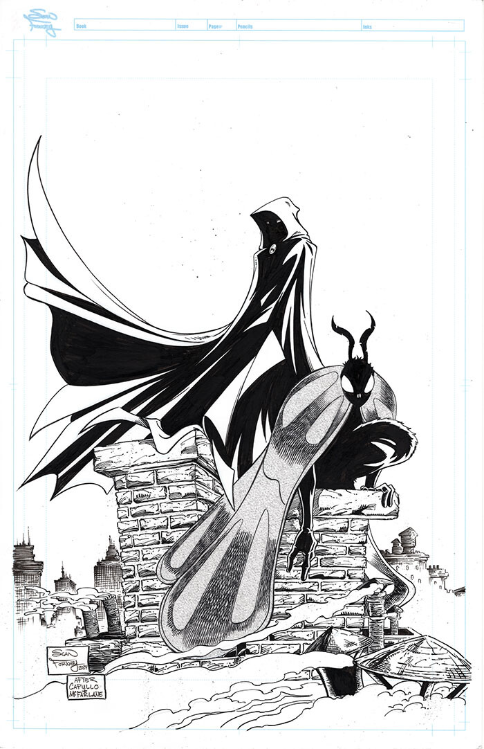 Scarlet Huntress meets Mothman SDCC 2024 cover 

Homage to Greg Capullo's Spawn and Batman cover 

Lines and colors by Sean Forney 

Scarlet Huntress is a registered trademark and copyright Stephanie and Sean Forney 