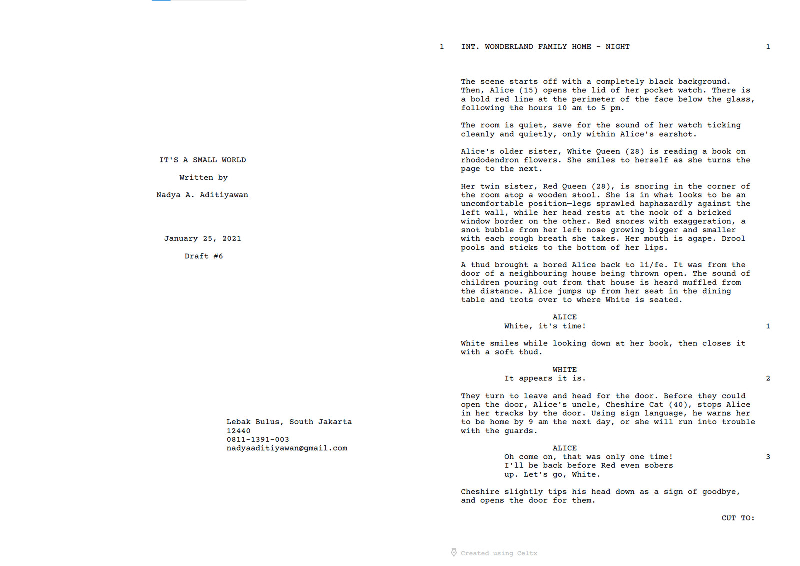 Cover and page 1 of "It's A Small World" script