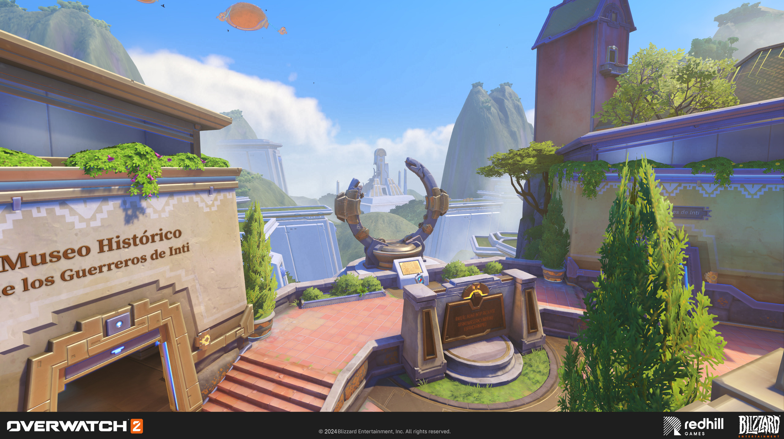 Here I made the destroyed temple and obelisks in the distance, background waterwheel assets, the small low planter boxes next to the broken circle, rest of the work is by different artists