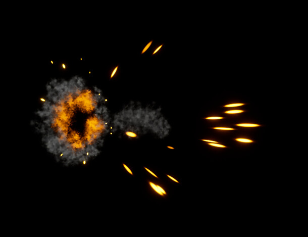 Particles with a high velocity were used with different cone angles to create the muzzle flash effect.