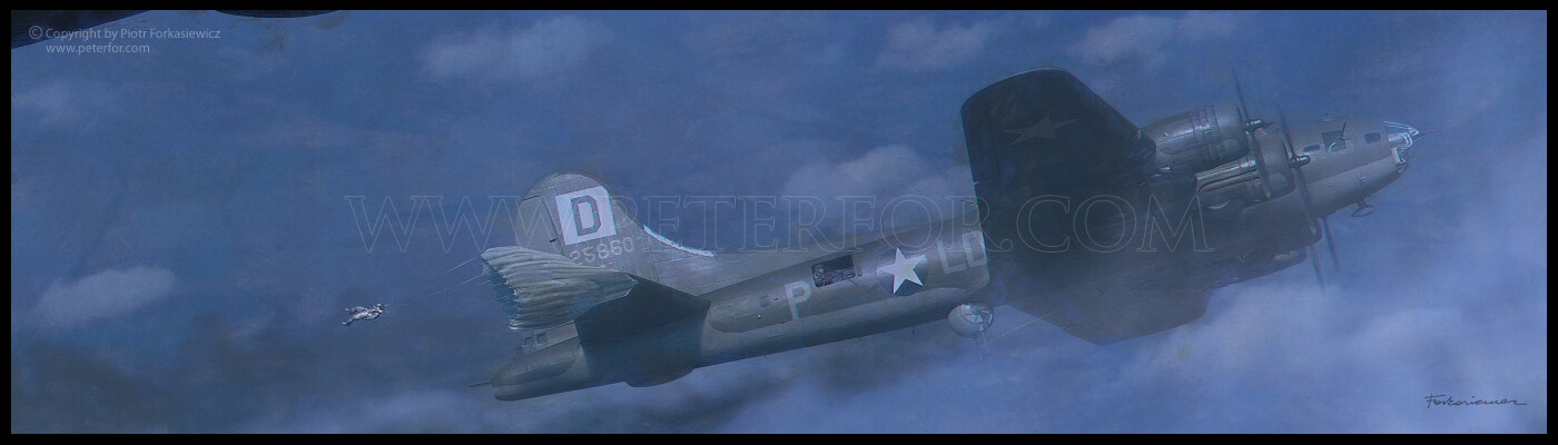 B-17F-30-VE, 42-5860 "Escape Kit" flown by Curtis R. Biddick, Missing in Action, 4 KIA, 6 POW. Unlike it was shown in MOTA series, co-pilot was able to get out the plane but was killed after he hit the horizontal stabilizer.